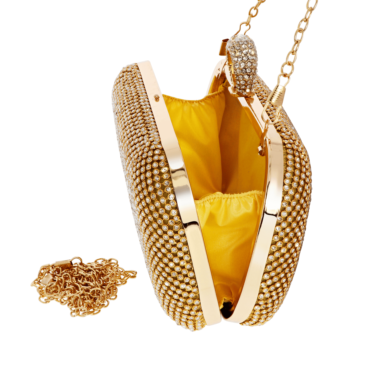 Goldfarbene Clutch mit Glitzersteinchen und Tragekette
