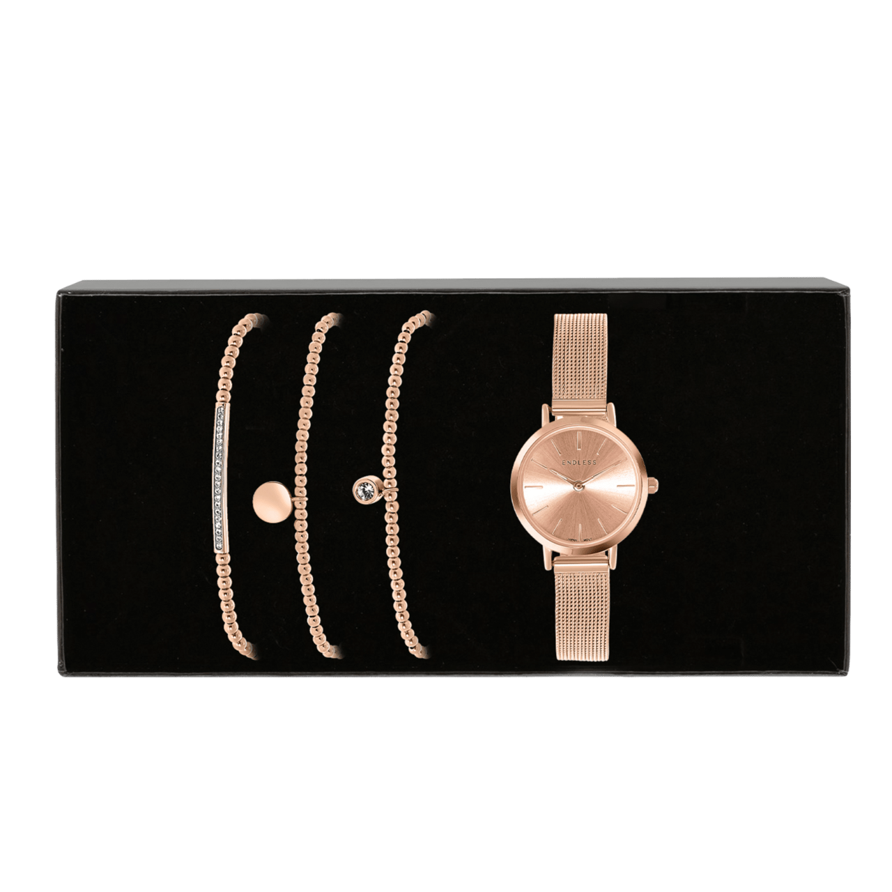 Stainless steel roséplated cadeauset met horloge met kristal voor dames