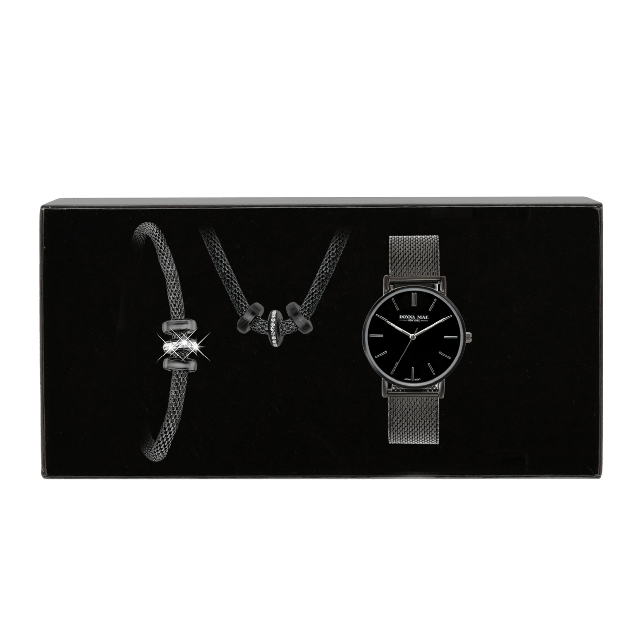 Gerecycled stainless steel blackplated set met horloge 3ringen kristal