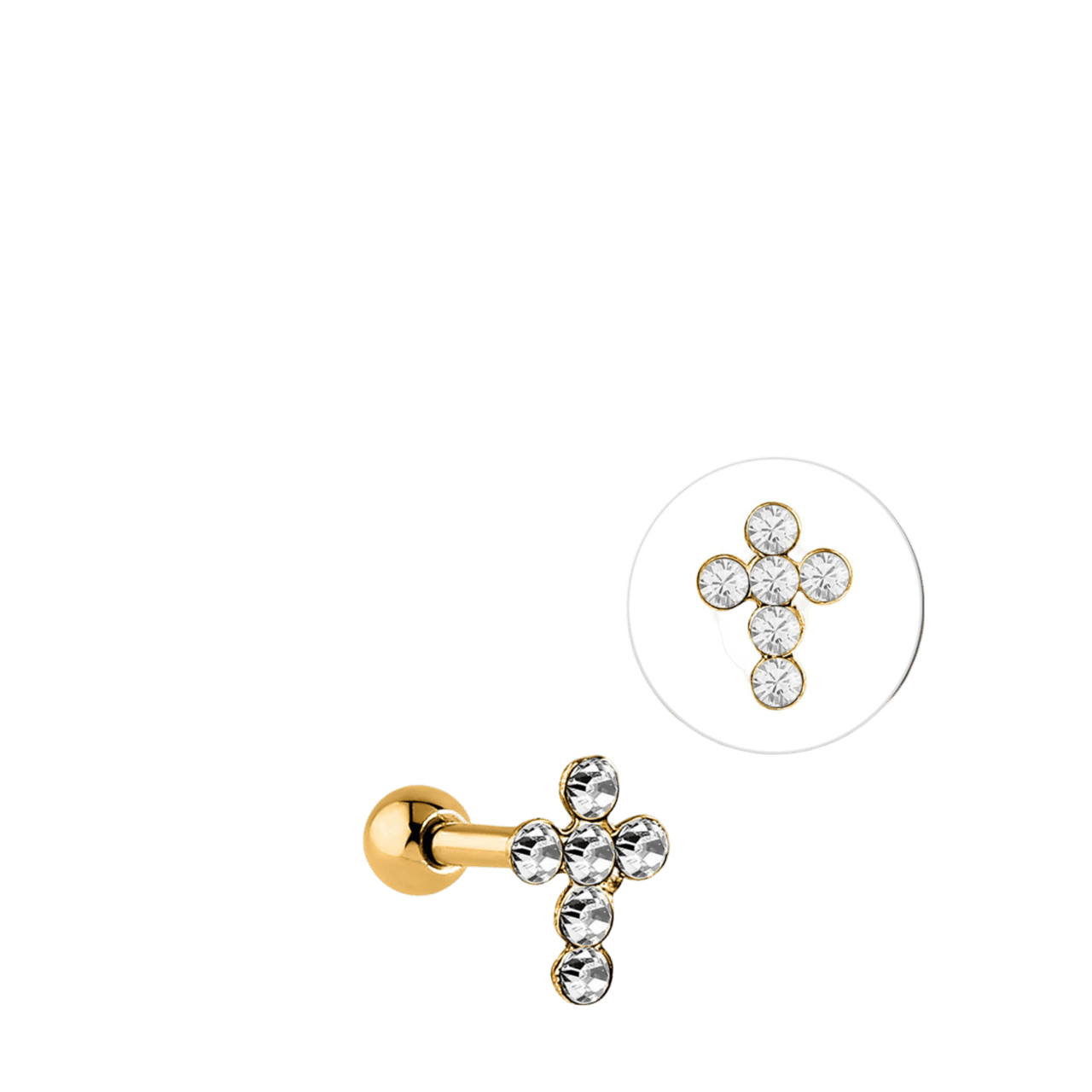 Stainless steel goldplated helixpiercing kruis met kristal voor dames