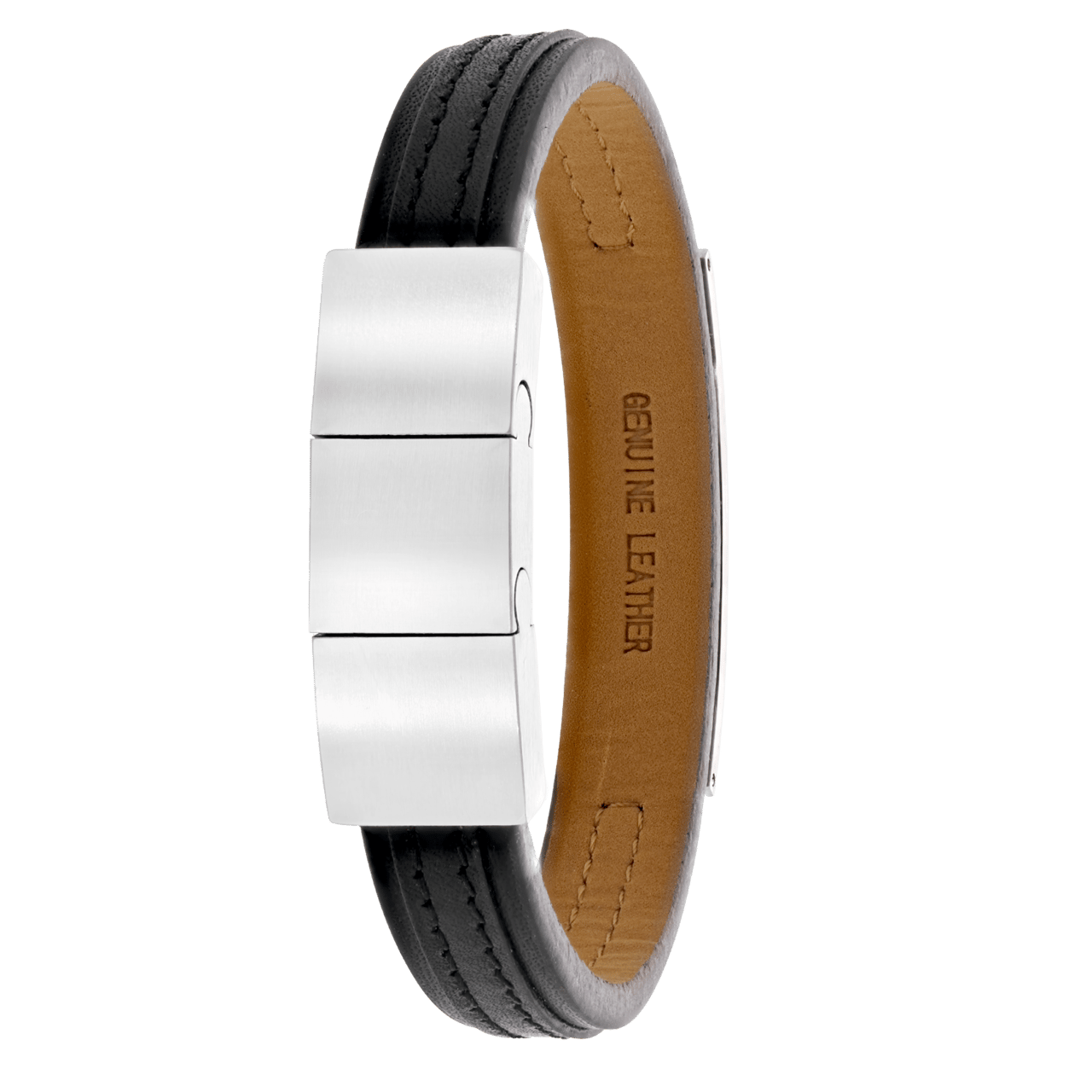 Plattenarmband, Edelstahl, doppelt, schwarzes Leder