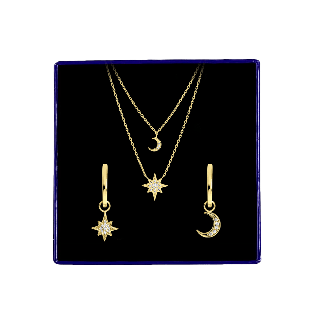 Zilveren set goldplated maan/ster met zirkonia
