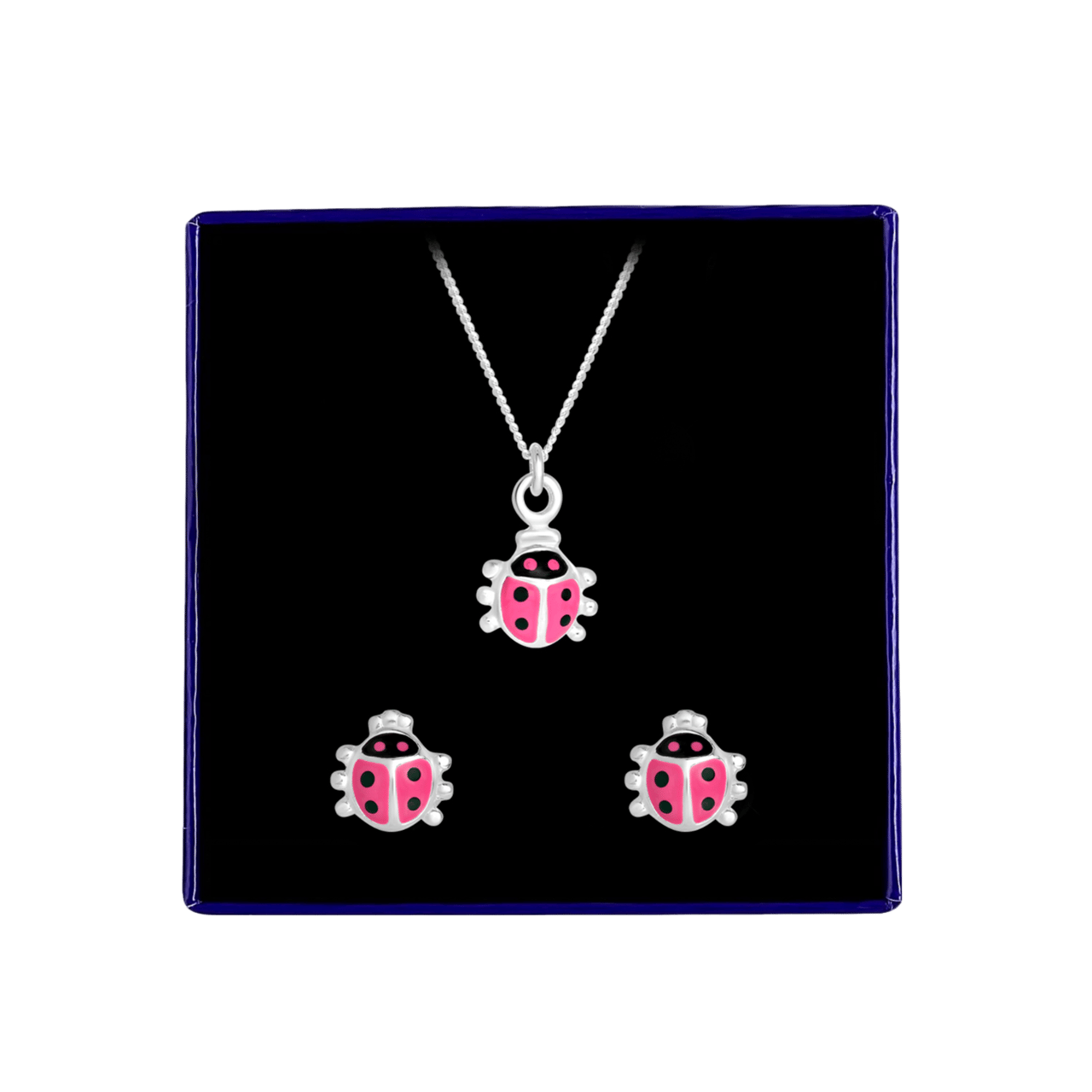 Zilveren set ketting en oorknoppen kever pink