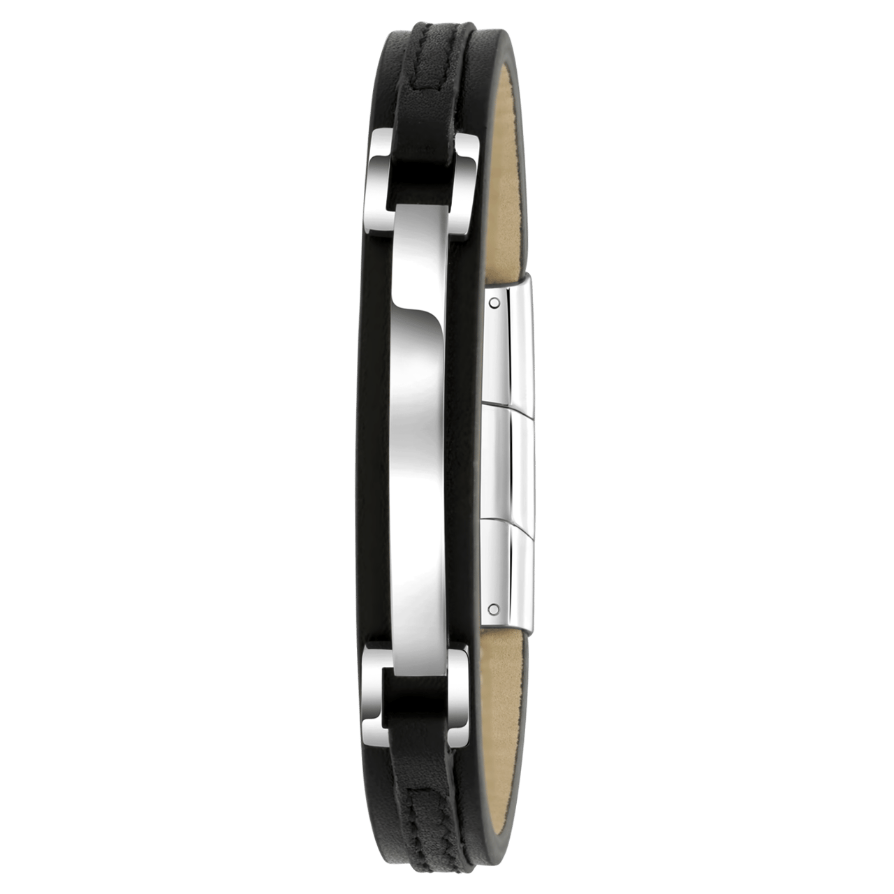 Zwart leren armband met gerecycled stalen plaat