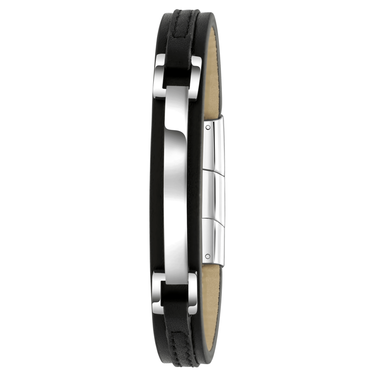 Zwart leren armband met gerecycleerd stainless steel plaat