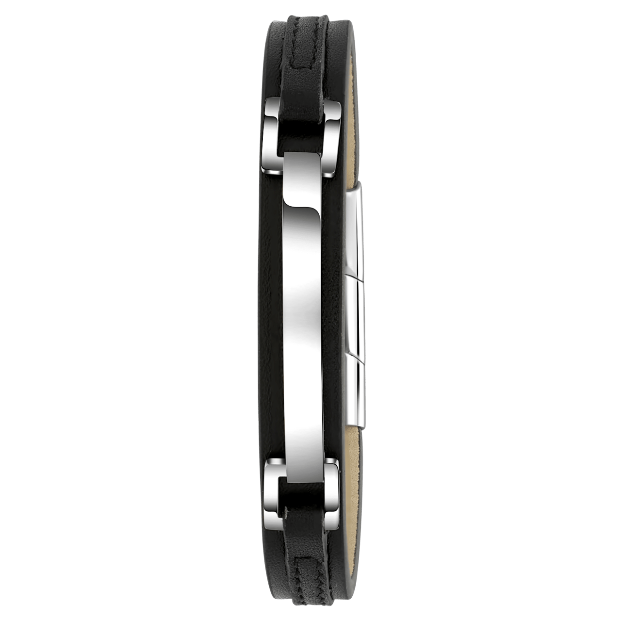 Zwart leren armband met gerecycled stainless steel plaat