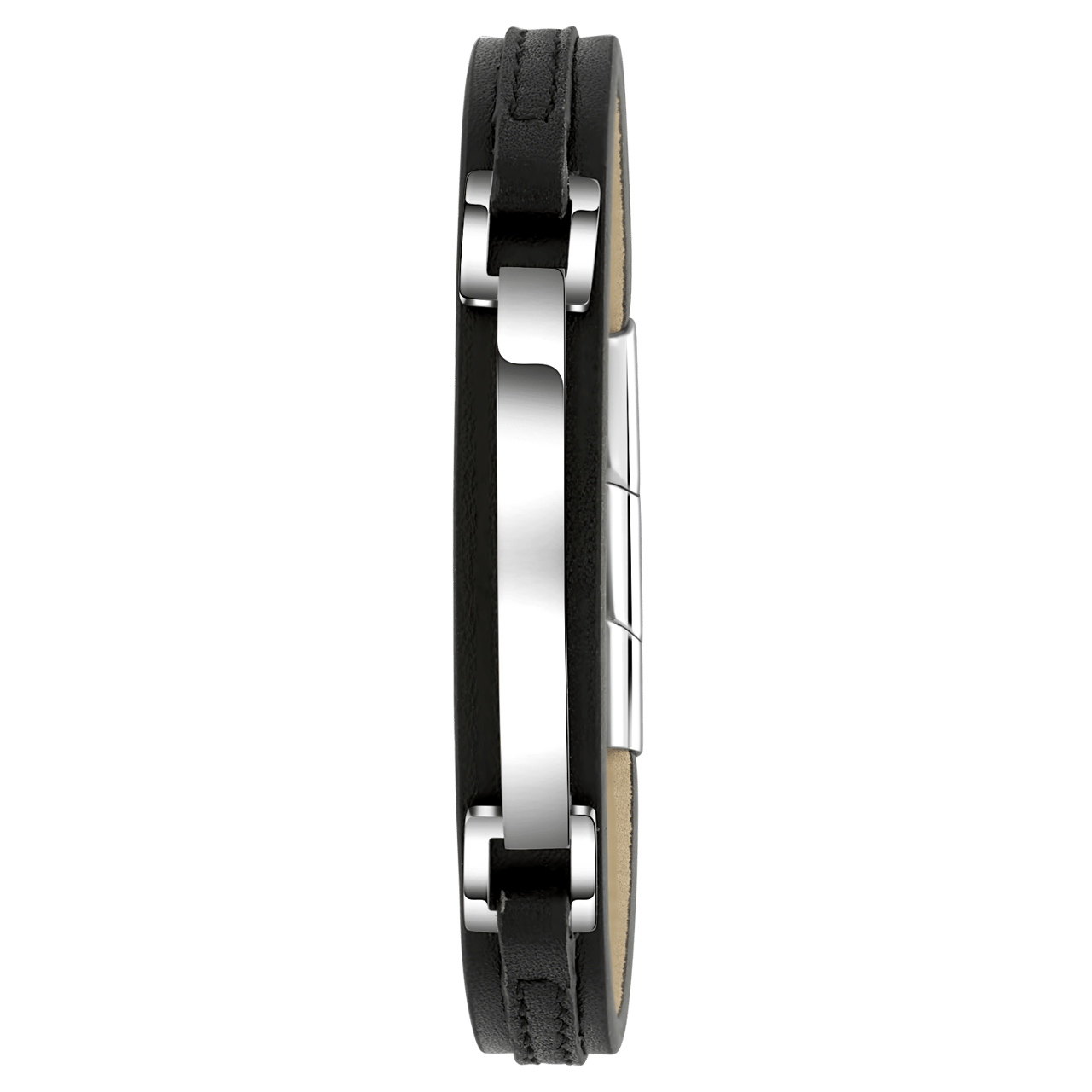 Zwart leren armband met gerecycled stalen plaat