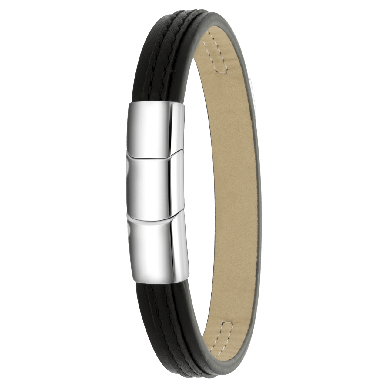 Zwart leren armband met gerecycled stainless steel plaat