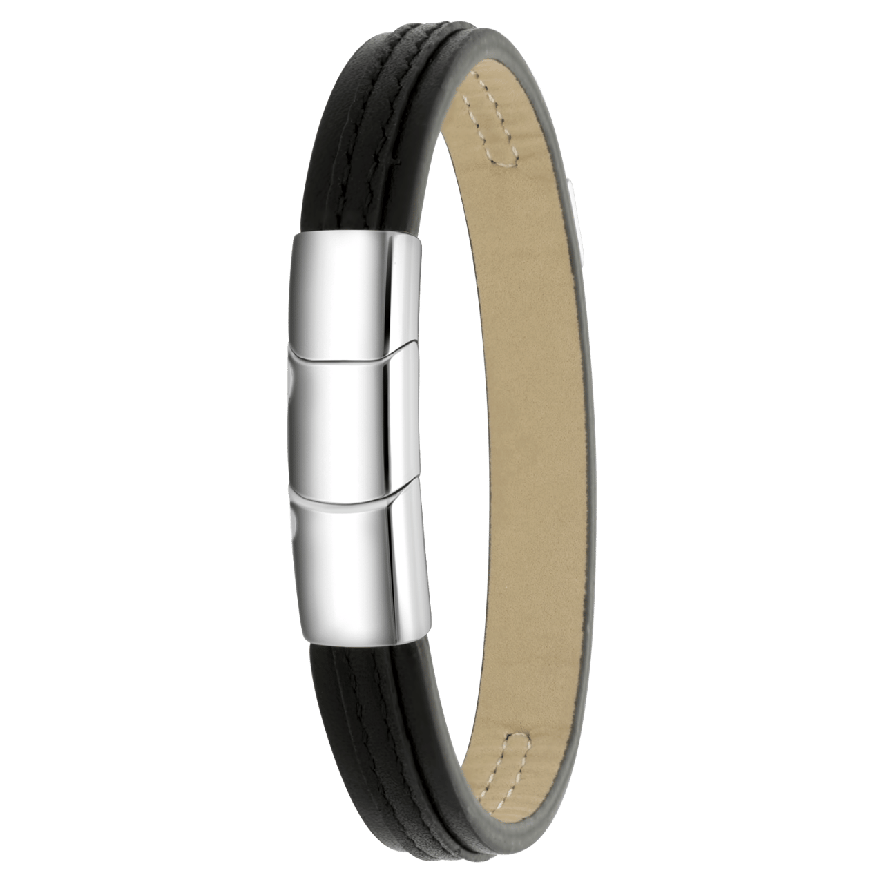 Zwart leren armband met gerecycled stalen plaat