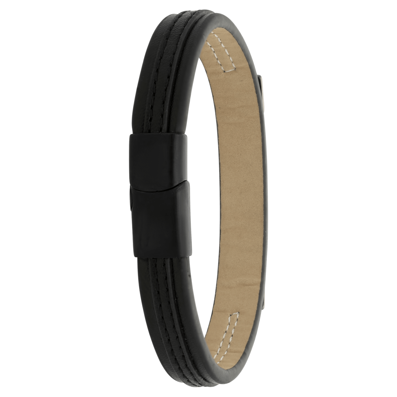 Zwart leren armband met gerecycled stalen plaat blackplated