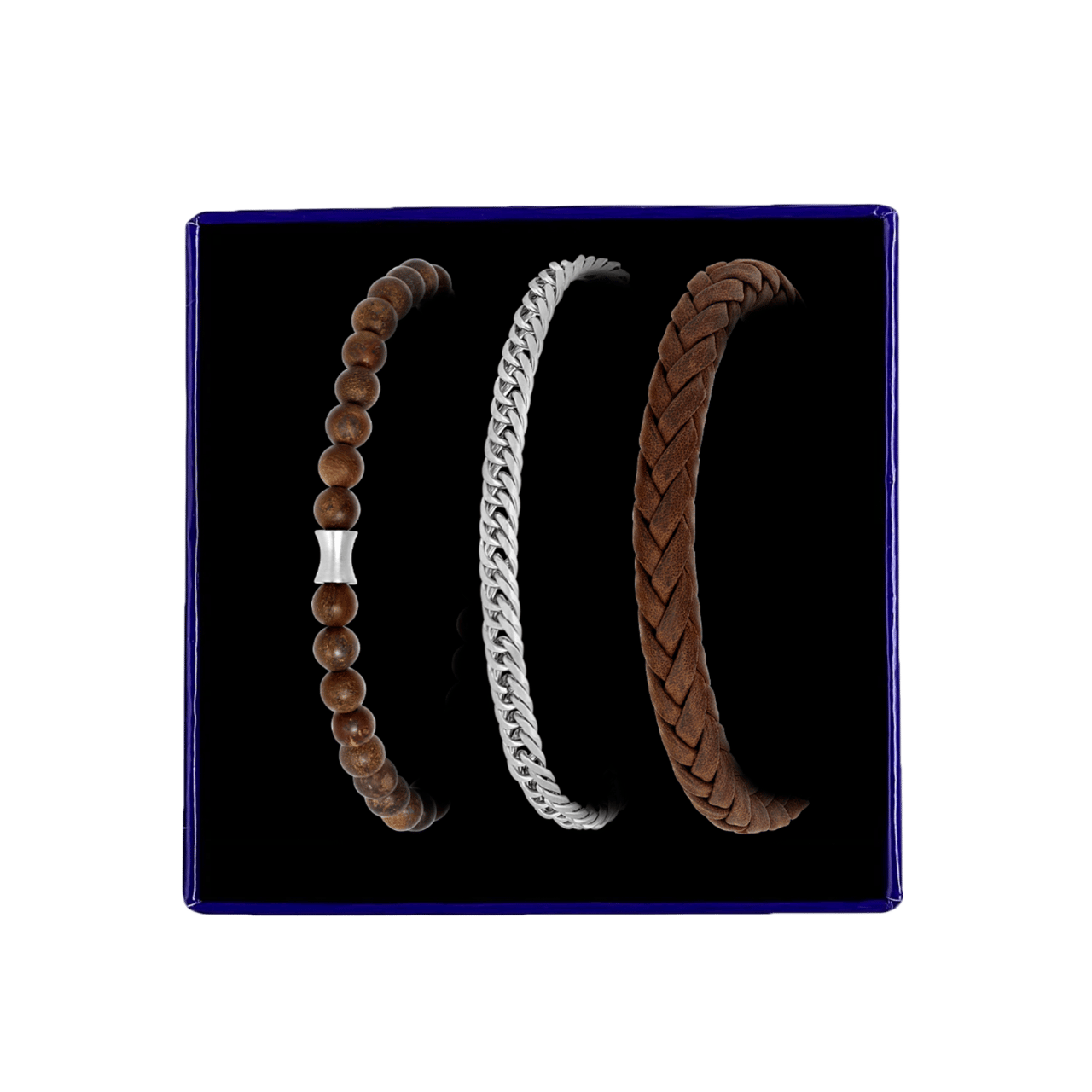 Gerecycled stalen set met drie herenarmbanden bruin