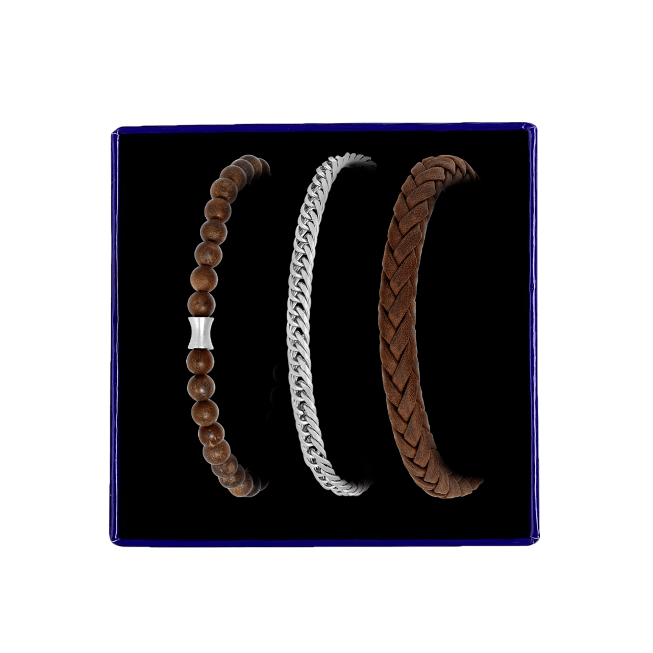 Gerecycleerd stainless steel set met drie herenarmbanden bruin