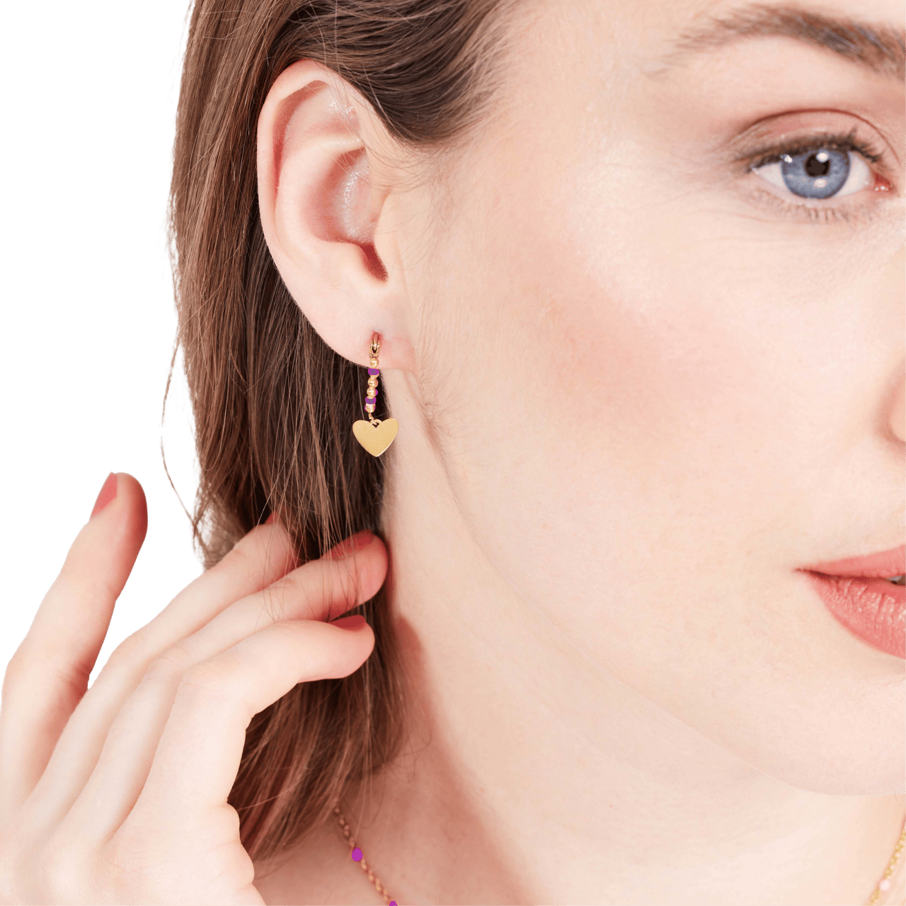 Stalen goldplated oorbellen met hanger hart paars