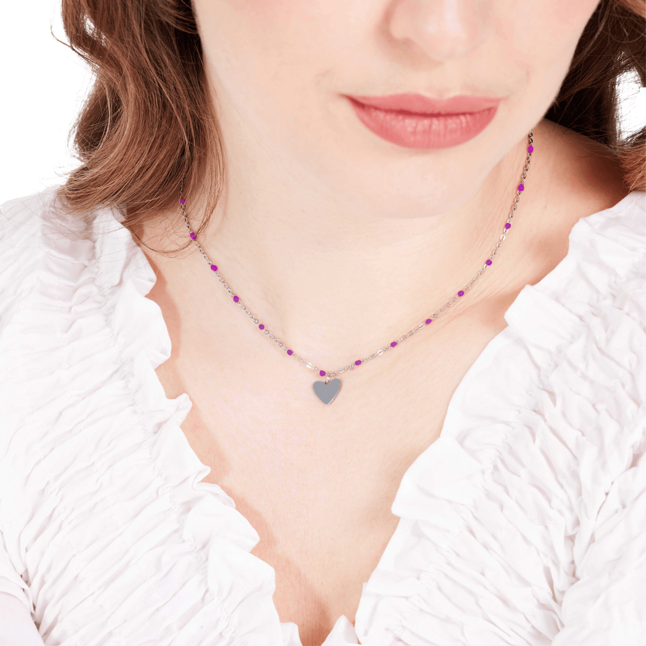 Stalen ketting met hanger hart paars