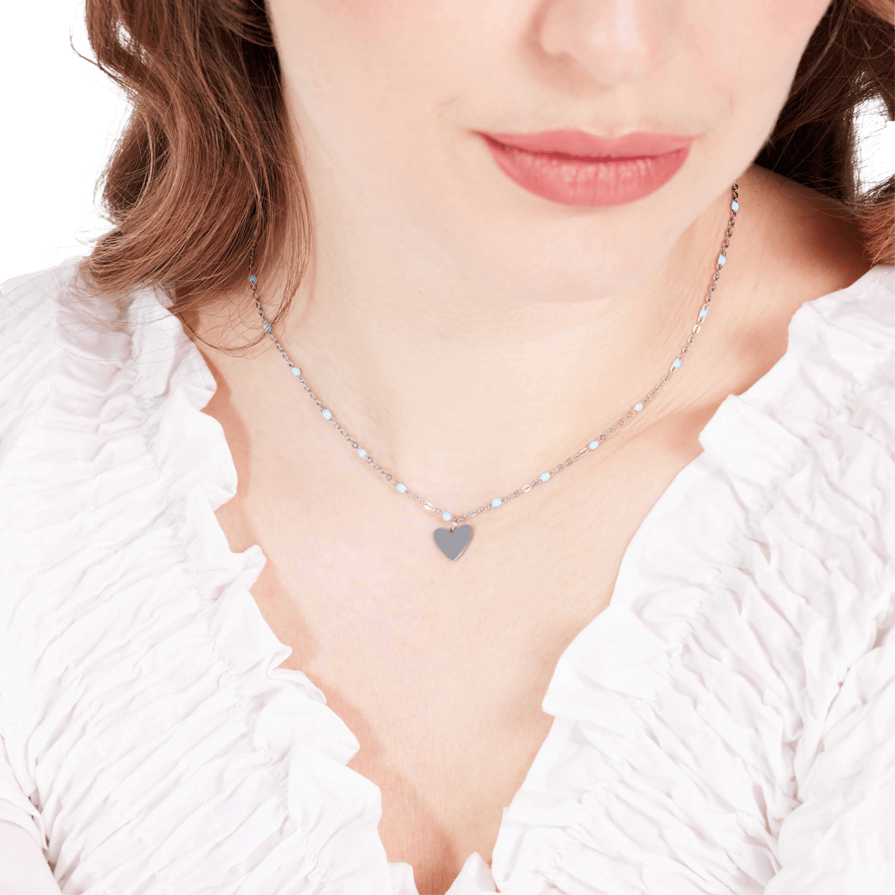 Stalen ketting met hanger hart licht blauw