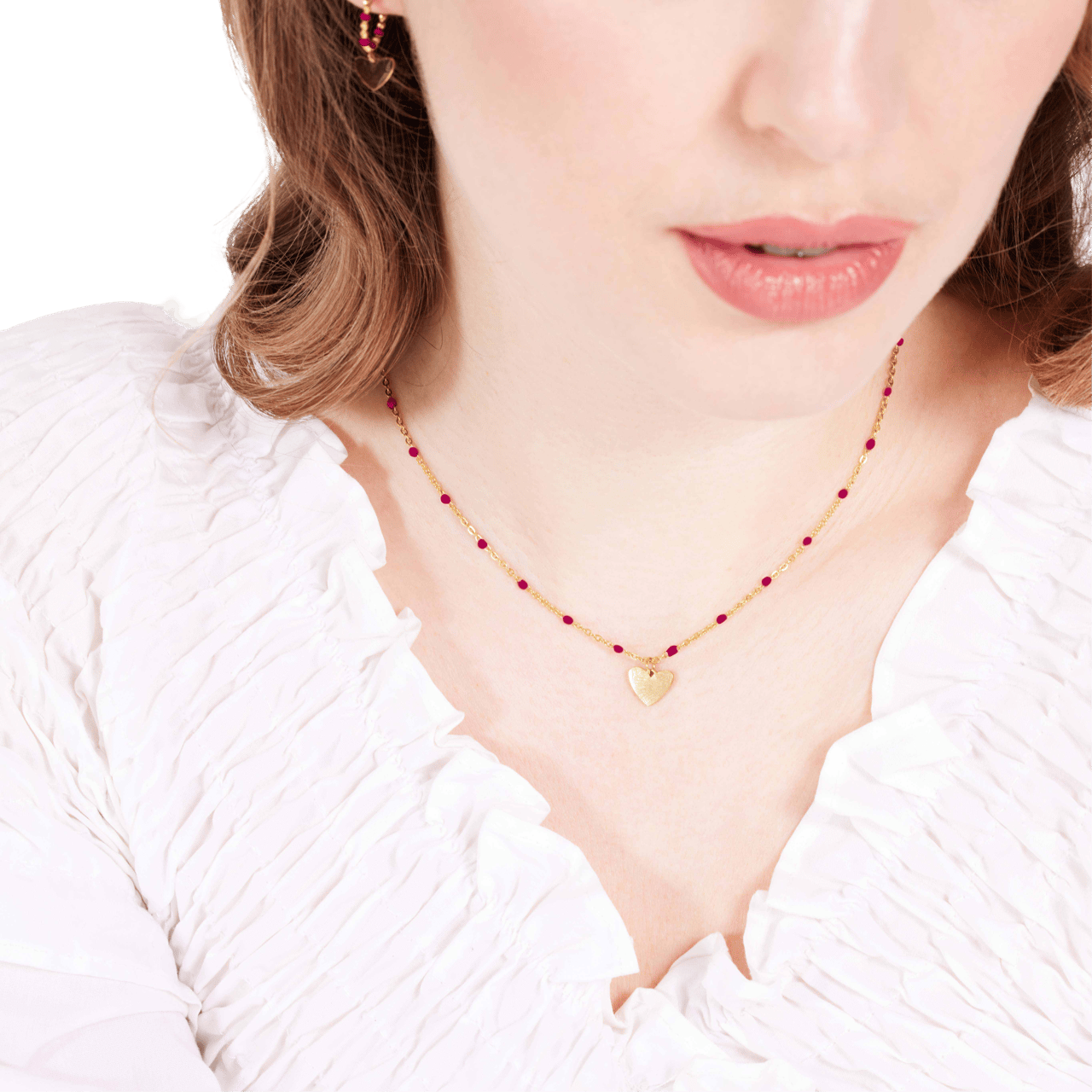 Stalen goldplated ketting met hanger hart roze