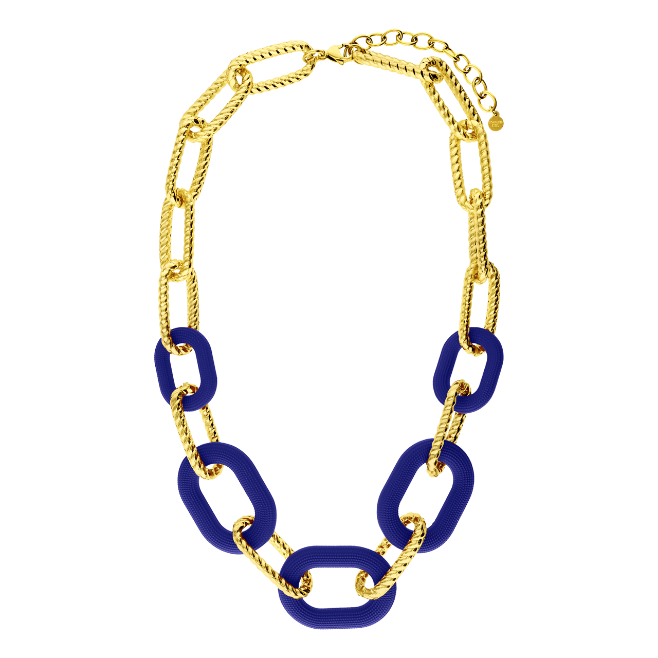 Stainless steel goldplated chunky ketting met blauwe schakels voor dames