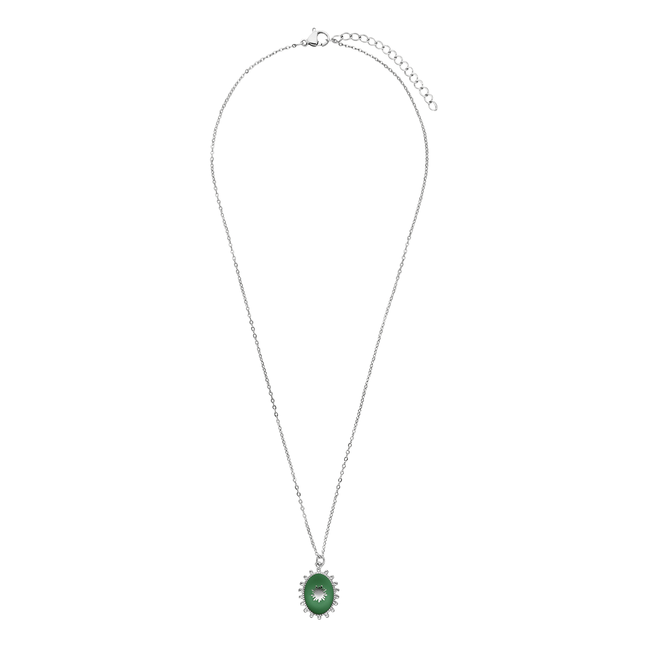 Stainless steel ketting met groene ovale munt