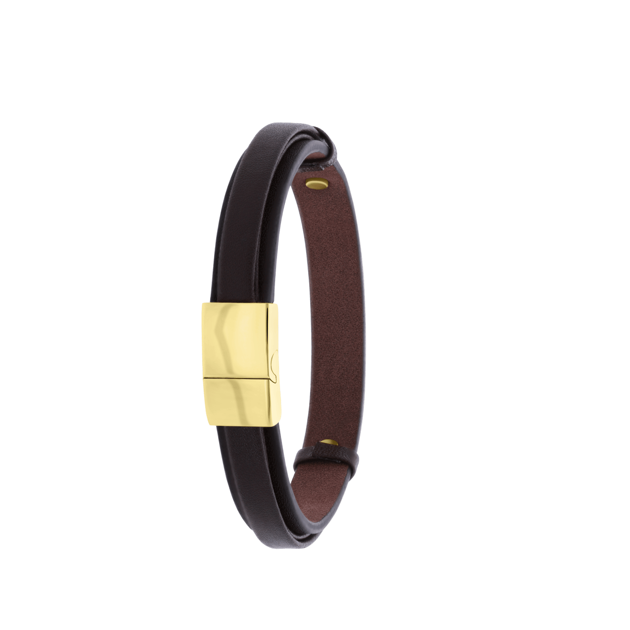 Gerecycleerd stainless steel goldplated armband leer met plaat gehamerd