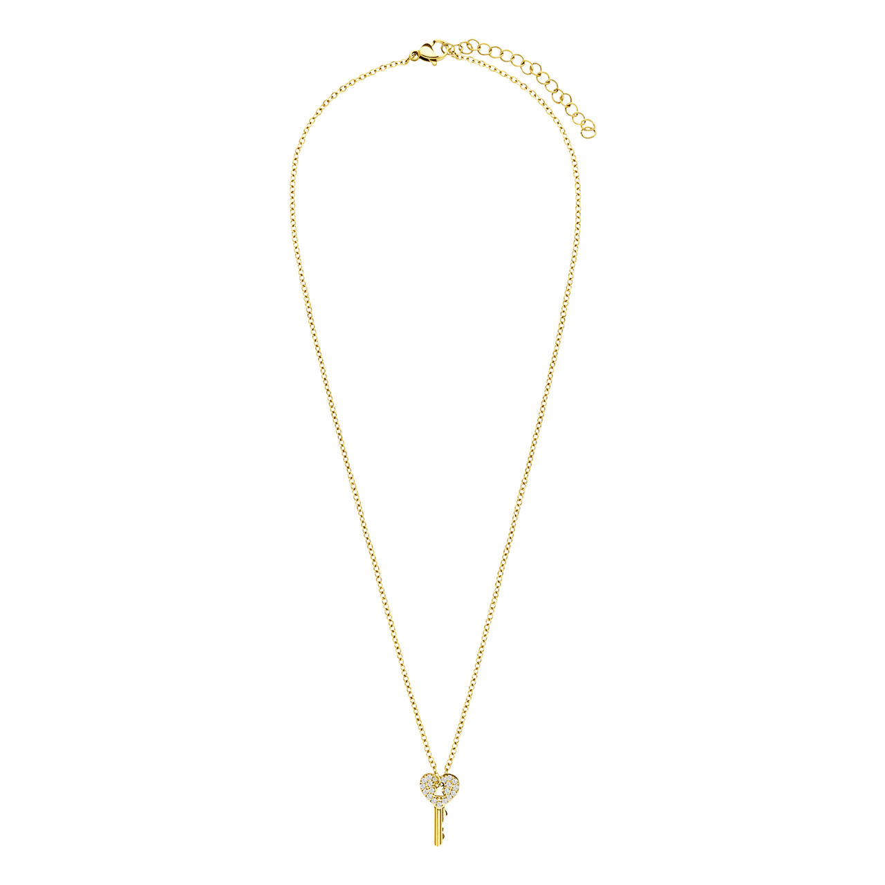 Stalen goldplated ketting met hanger sleutel zirkonia