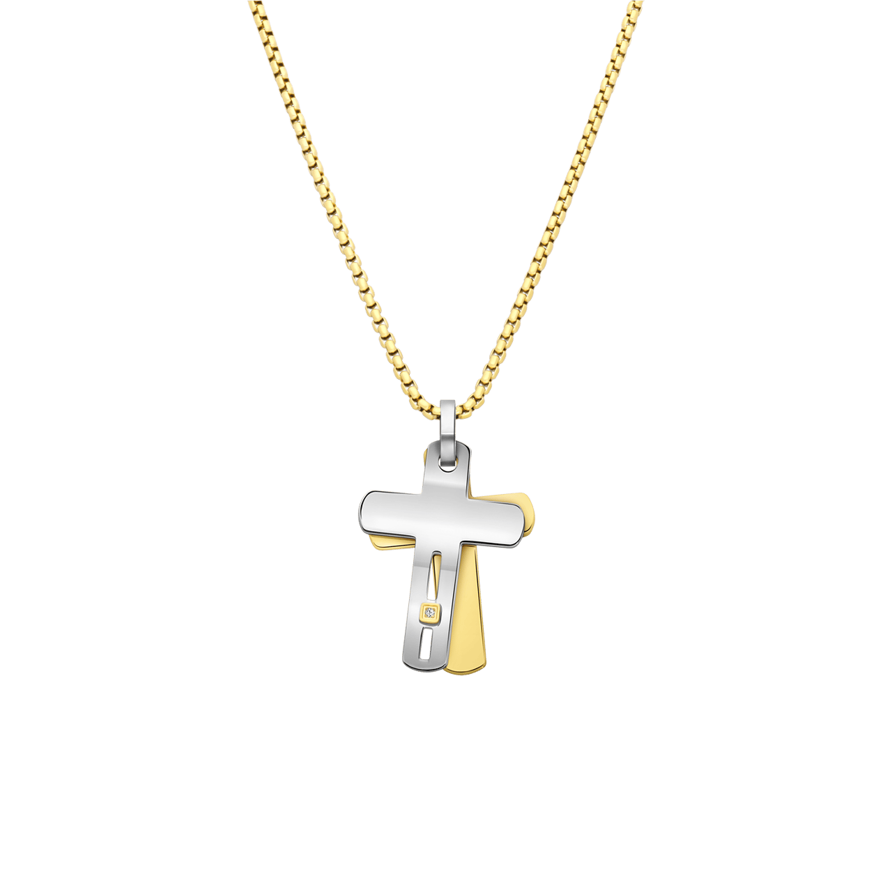 Stalen goldplated herenketting met hanger kruis met zirkonia