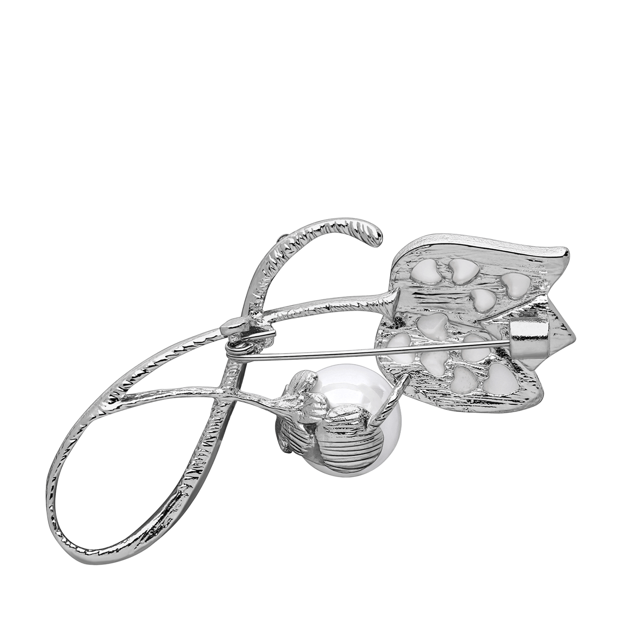 Zilverkleurige bijoux broche tulp met parel