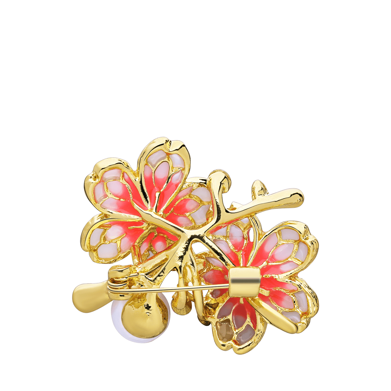 Goudkleurige bijoux broche rode bloem met parel