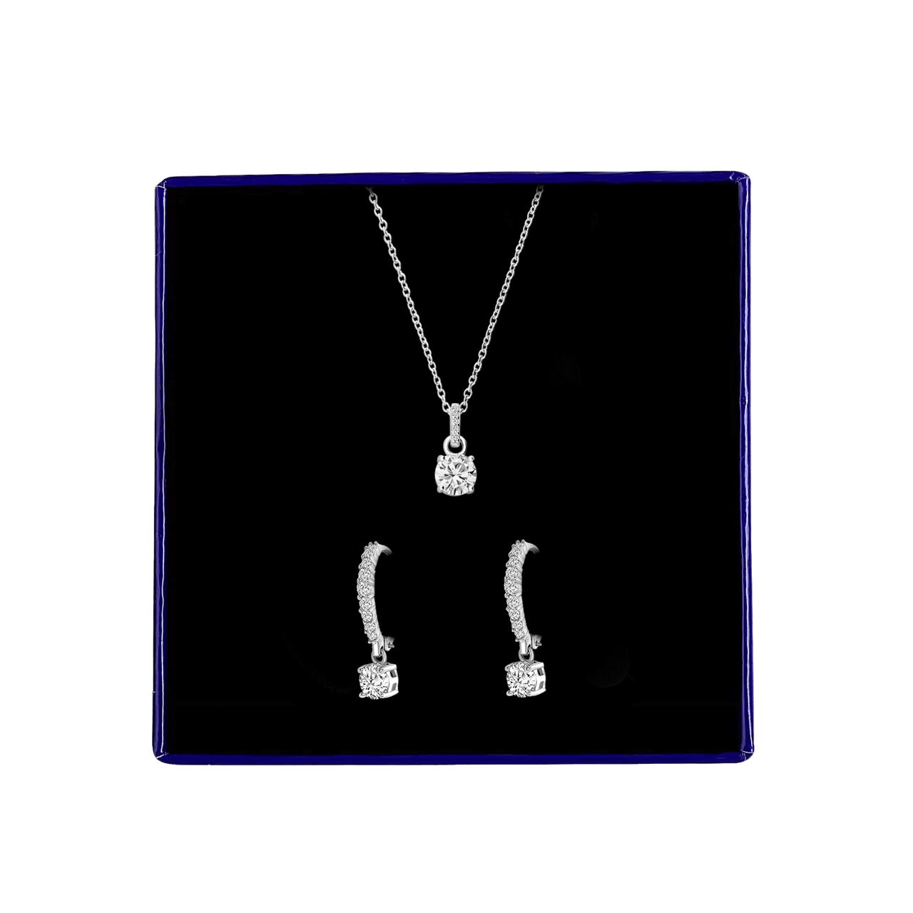 Silbernes Schmuckset mit Ohrringen und Halskette mit rundem Zirkonia