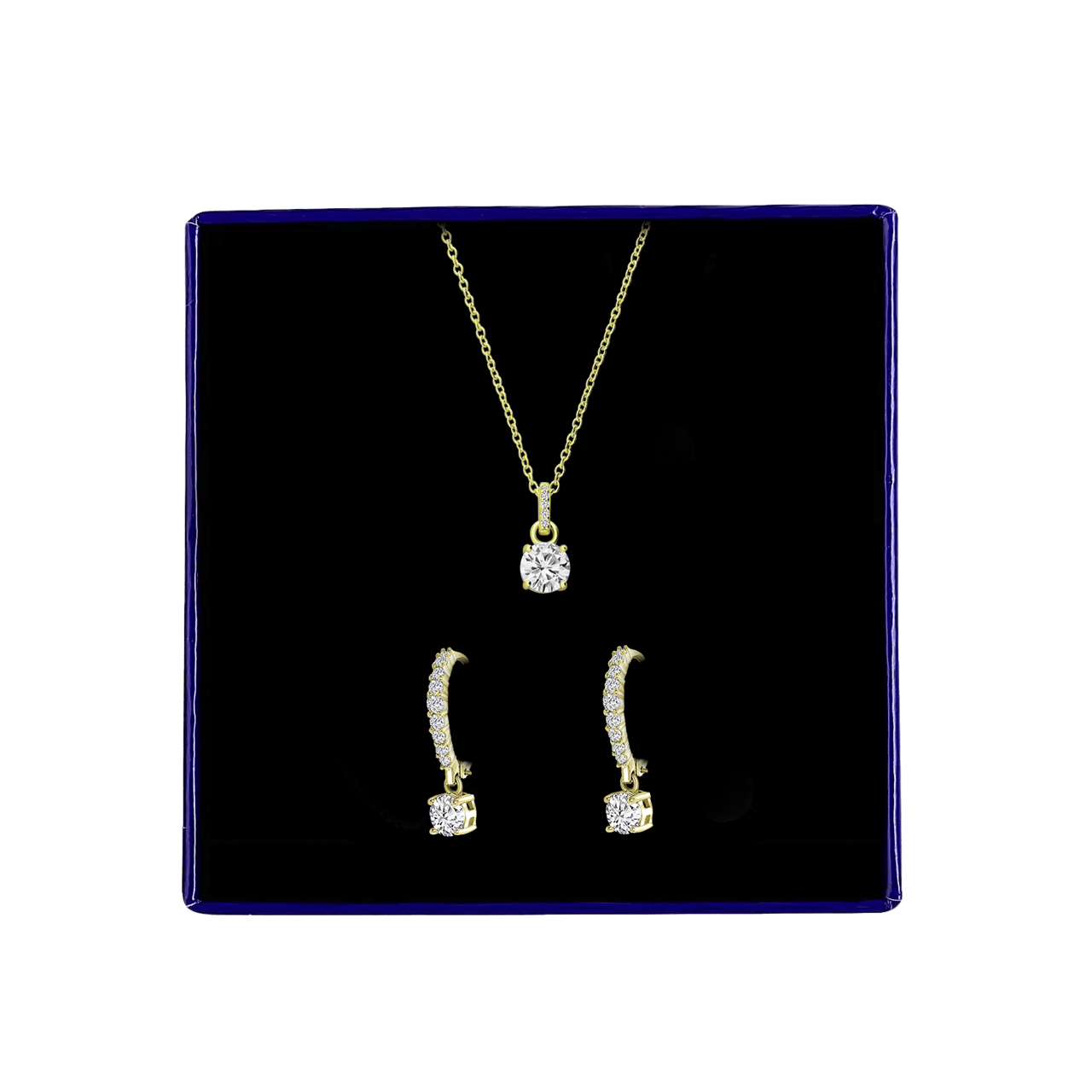 Silbernes, goldplattiertes Schmuckset aus Kette und Ohrringen mit zirkoniabesetzten Herzen