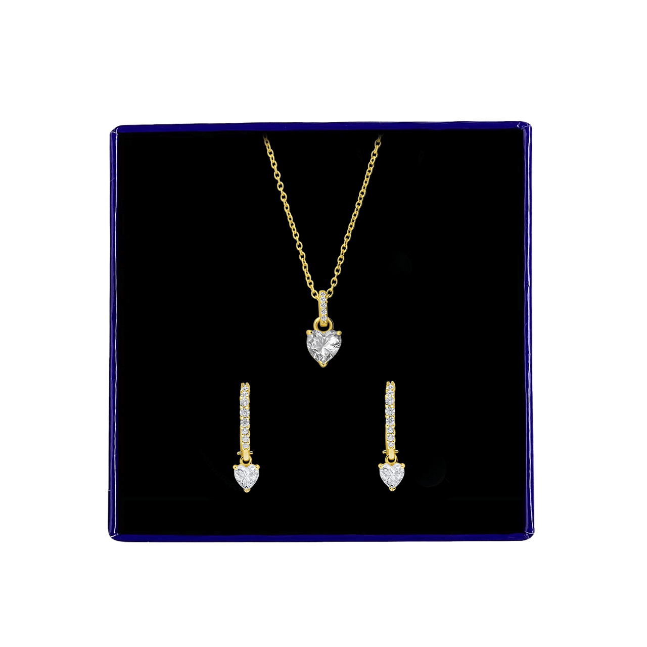 Zilveren goldplated sieradenset ketting en oorringen hart zirkonia