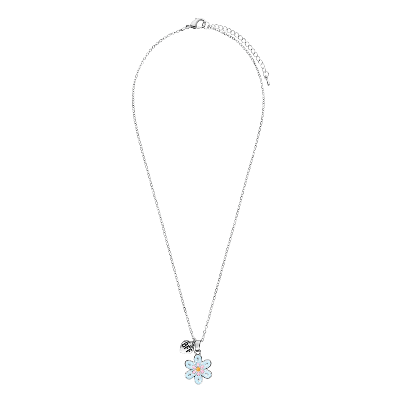 Zilverkleurige bijoux bff set blauw en roze bloem
