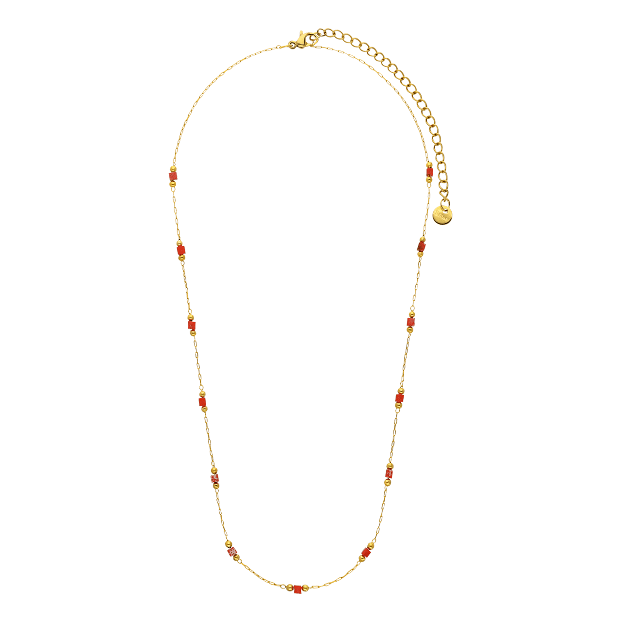 Stainless steel goldplated ketting met oranje blokjes