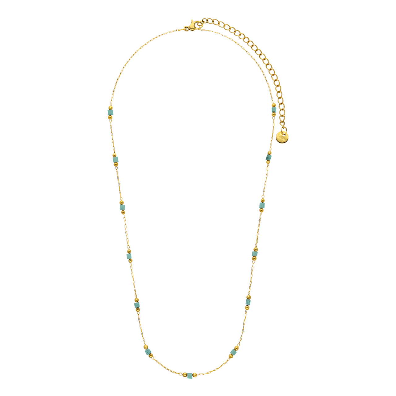 Stainless steel goldplated ketting met mintkleurige blokjes