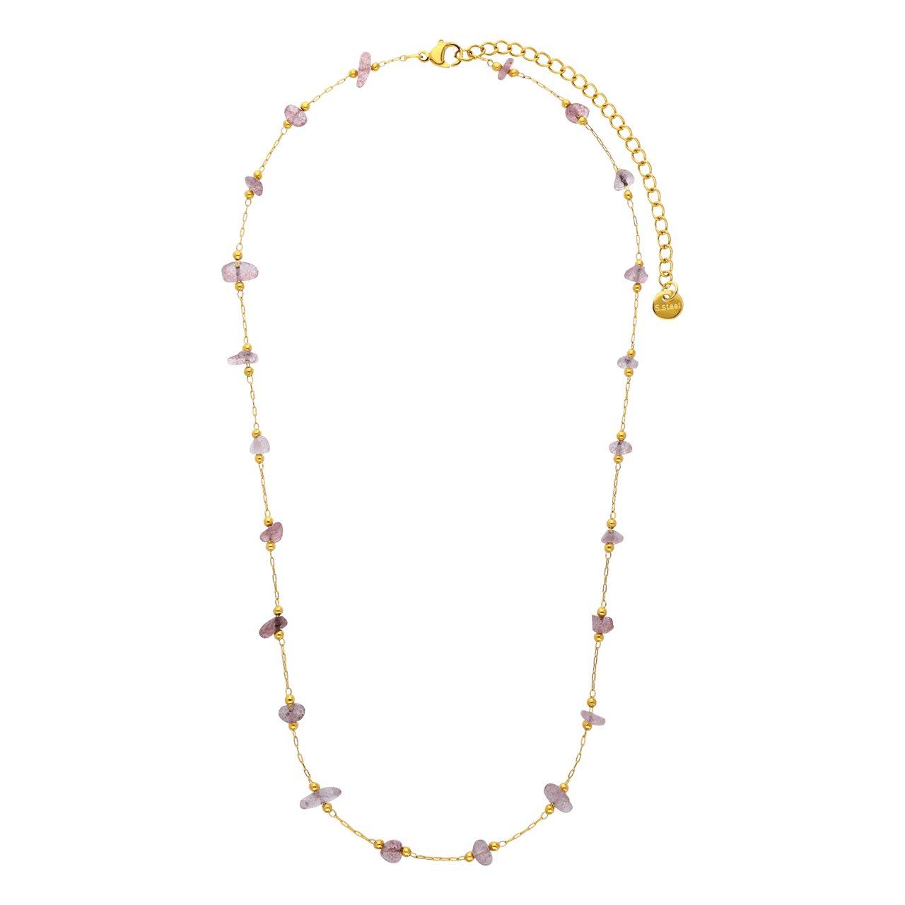 Stalen goldplated kralenketting met hanger met natuursteen  voor dames