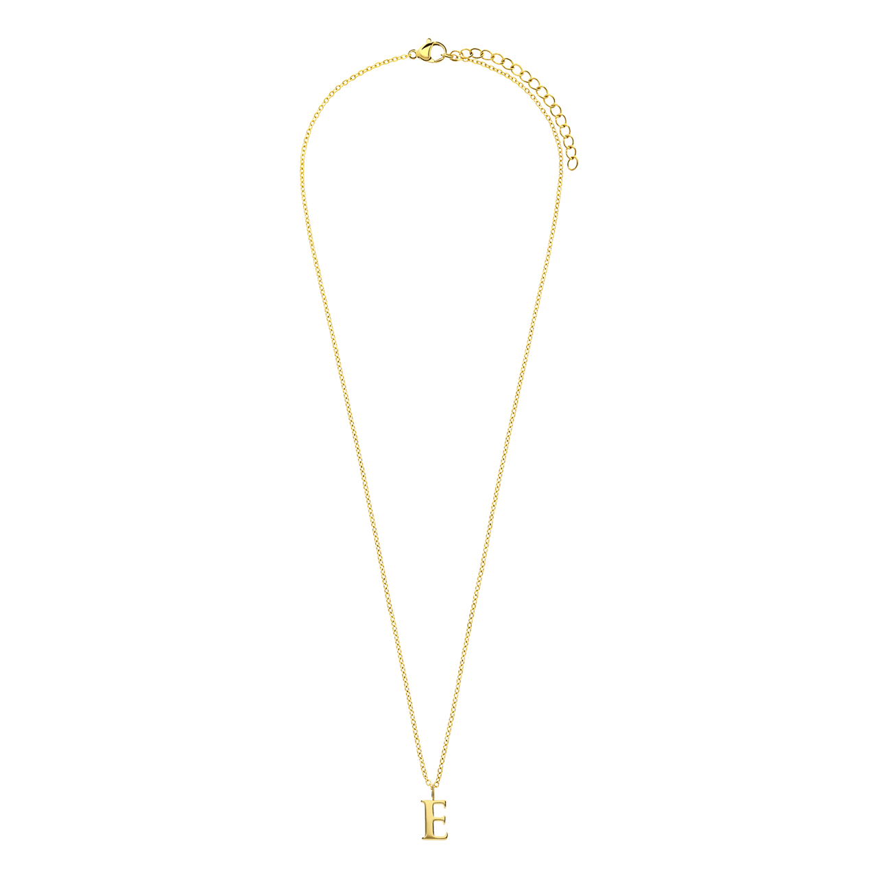 Stainless steel goldplated ketting met letterhanger E voor dames