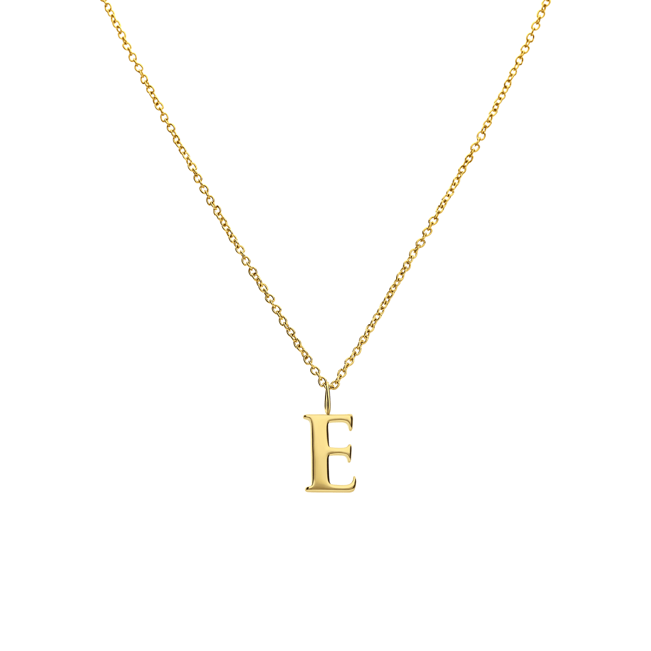 Stainless steel goldplated ketting met letterhanger E voor dames