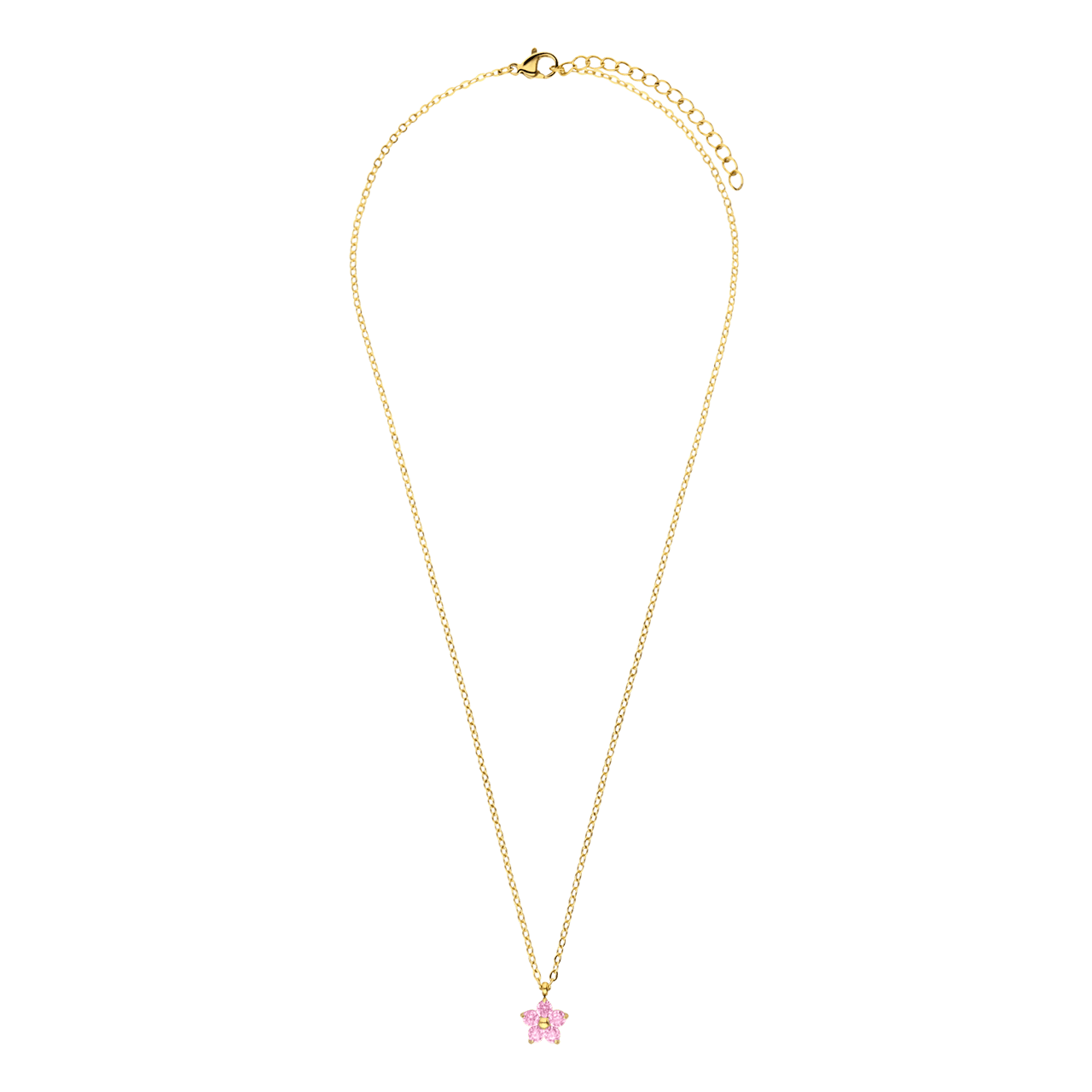 Stainless steel goldplated ketting bloem zirkonia lichtroze voor dames