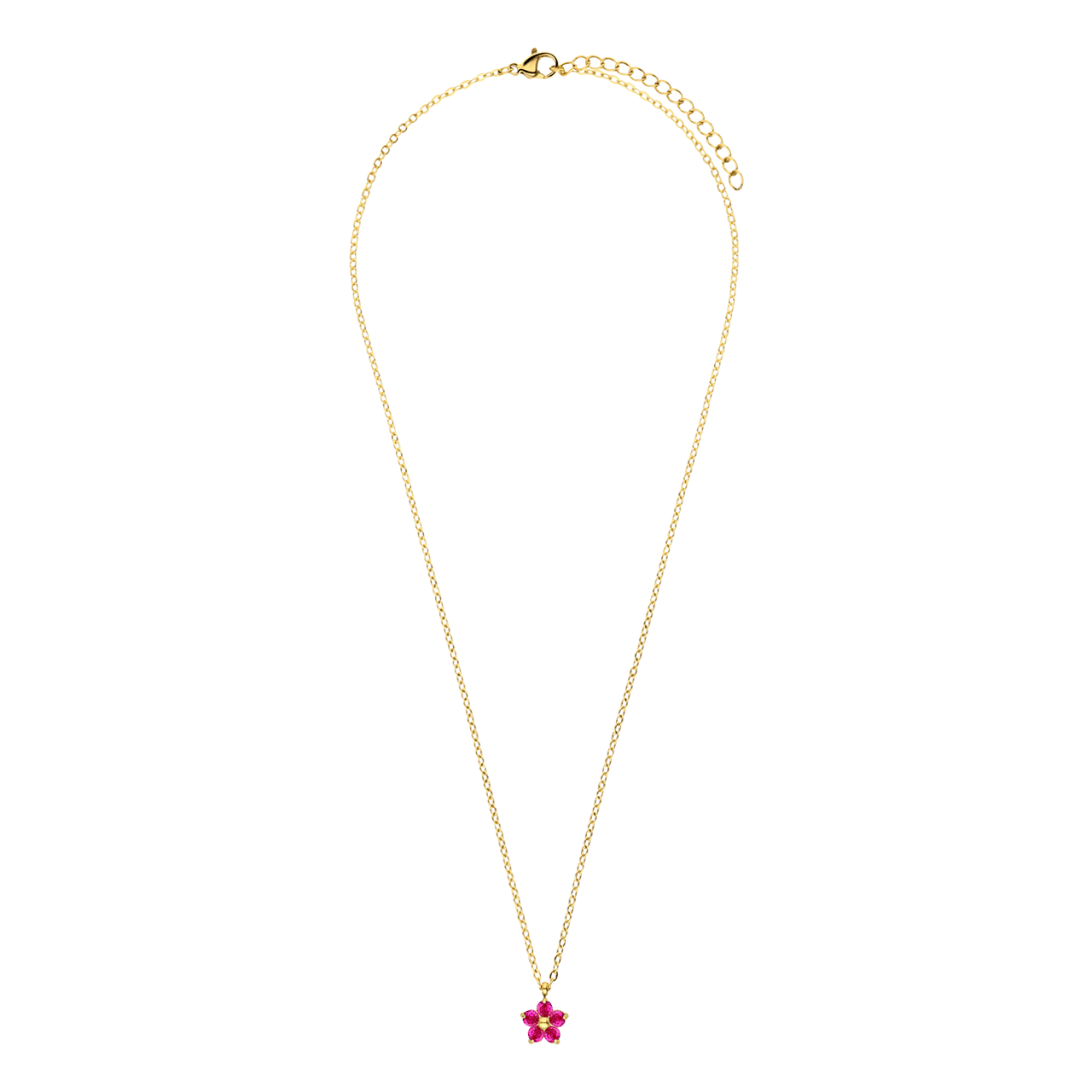 Stainless steel goldplated ketting bloem zirkonia donkerroze voor dames