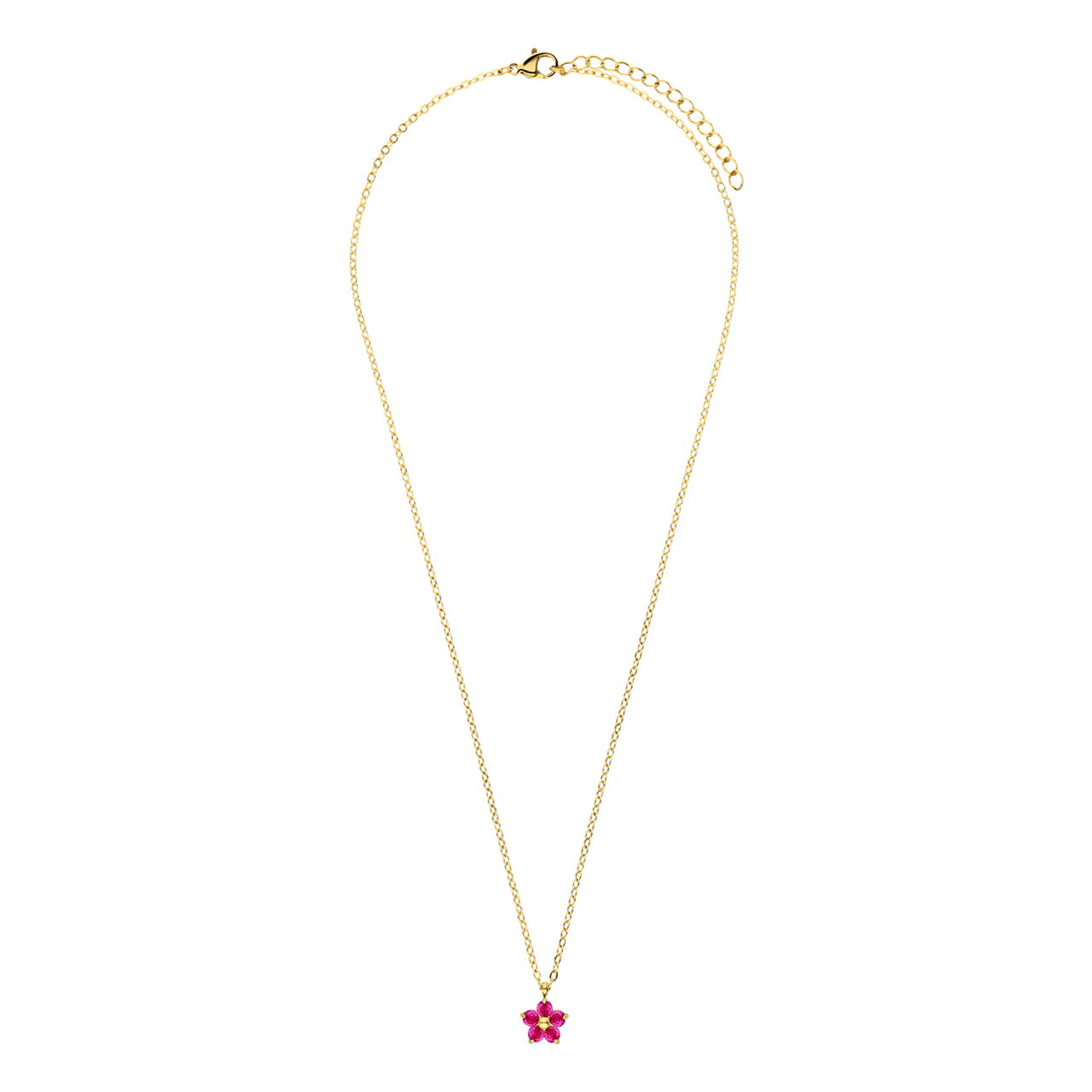 Stalen goldplated ketting bloem zirkonia donkerroze voor dames