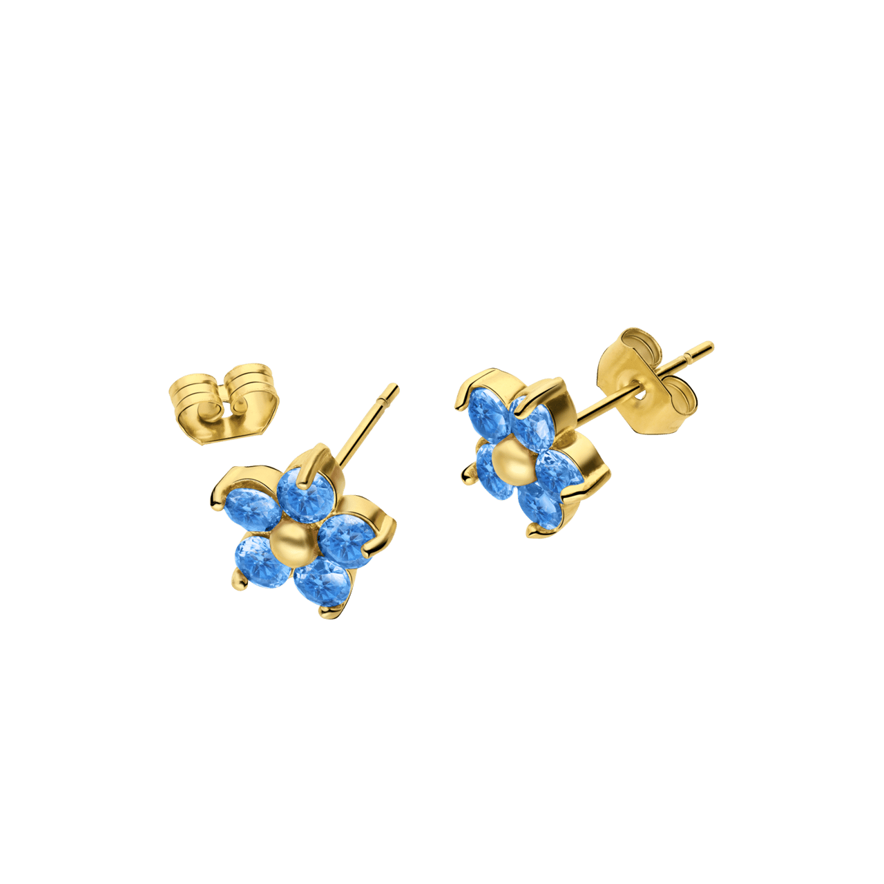 Stalen goldplated oorknoppen bloem met zirkonia aqua voor dames