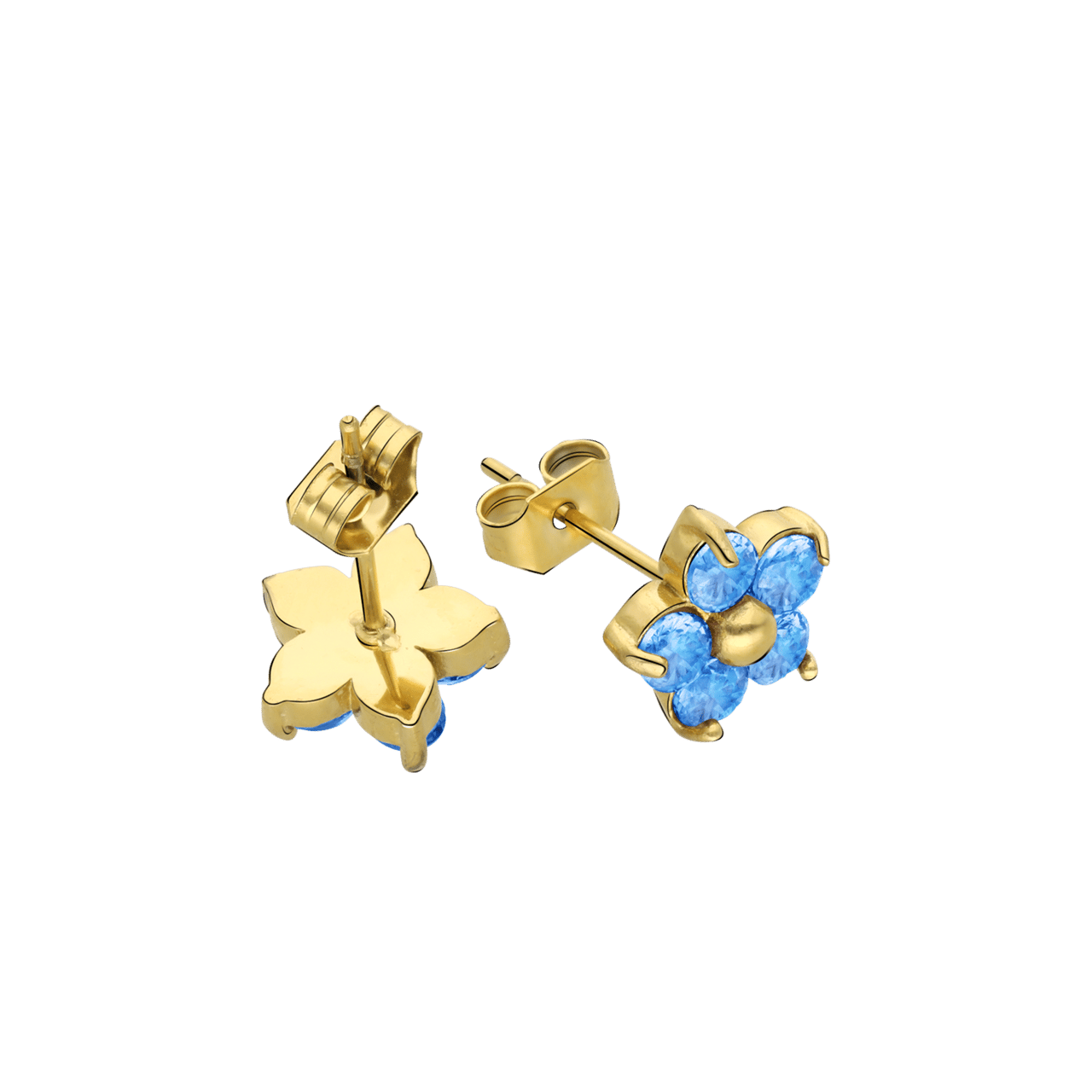 Stalen goldplated oorknoppen bloem met zirkonia aqua voor dames