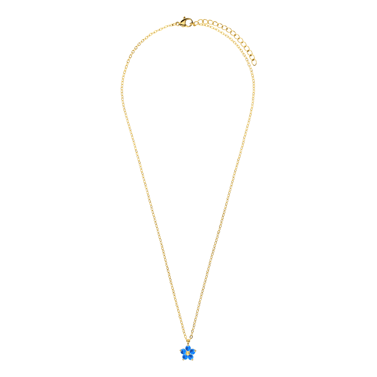 Halskette aus Edelstahl, vergoldet, Blume mit Zirkonia, blauer Topas