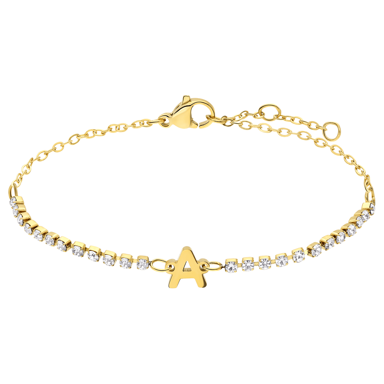 Stainless steel goldplated tennis armband wit cz letter - A