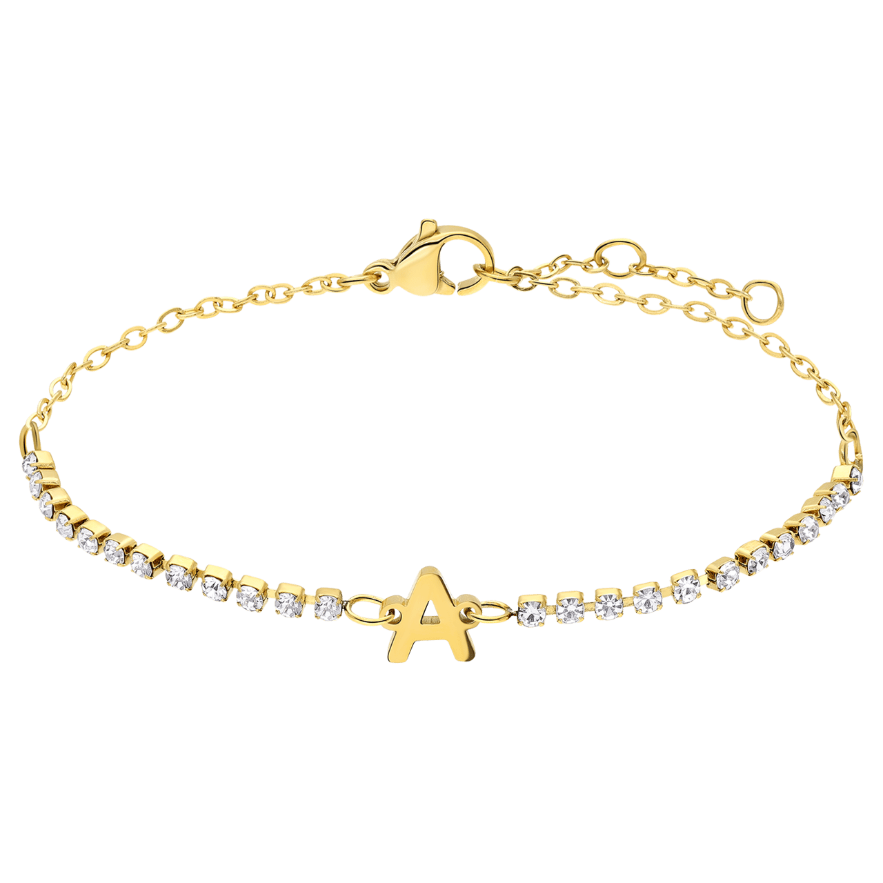 Stalen goldplated fantasiearmband met letterhanger A met zirkonia voor dames