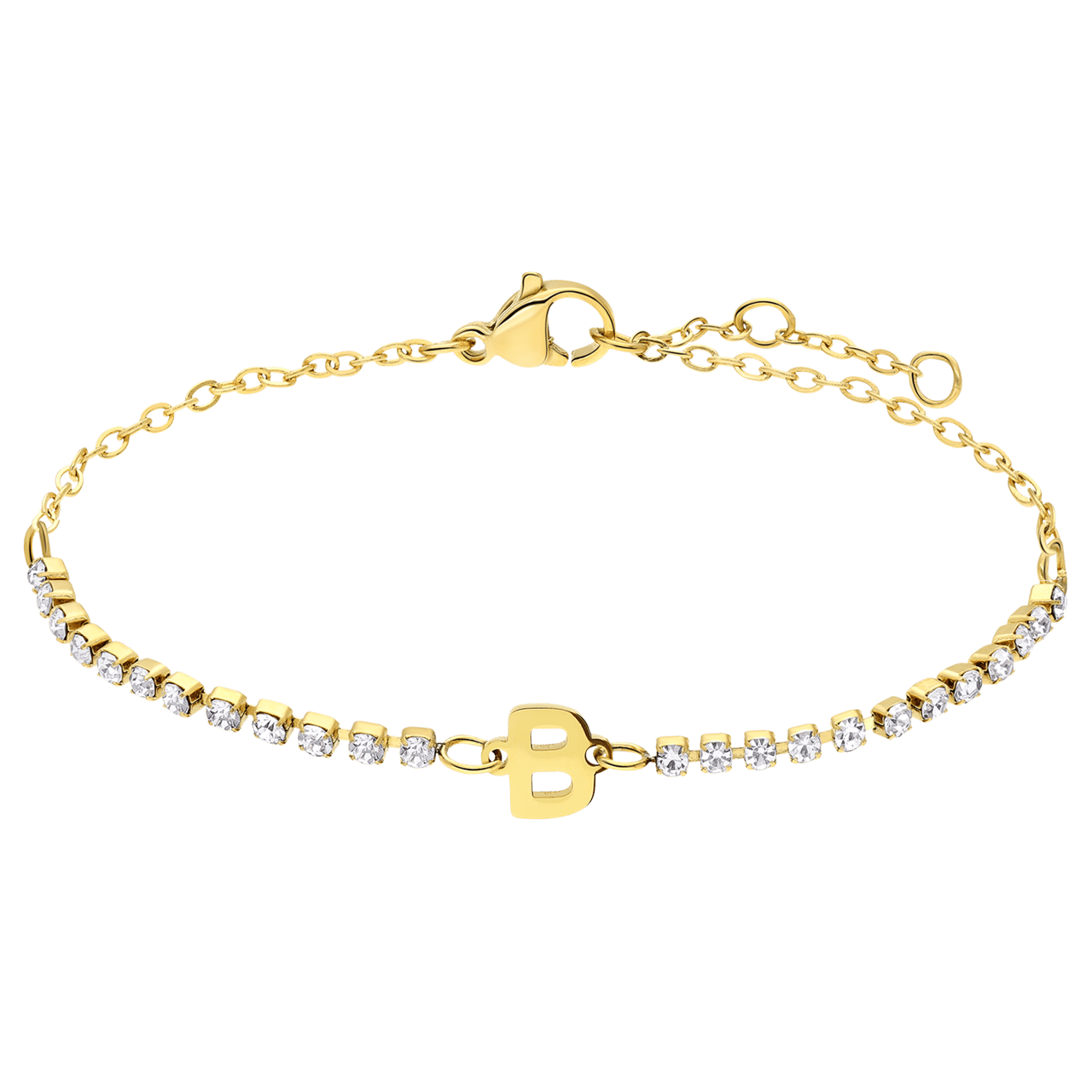 Stainless steel goldplated tennis armband wit cz letter - B
