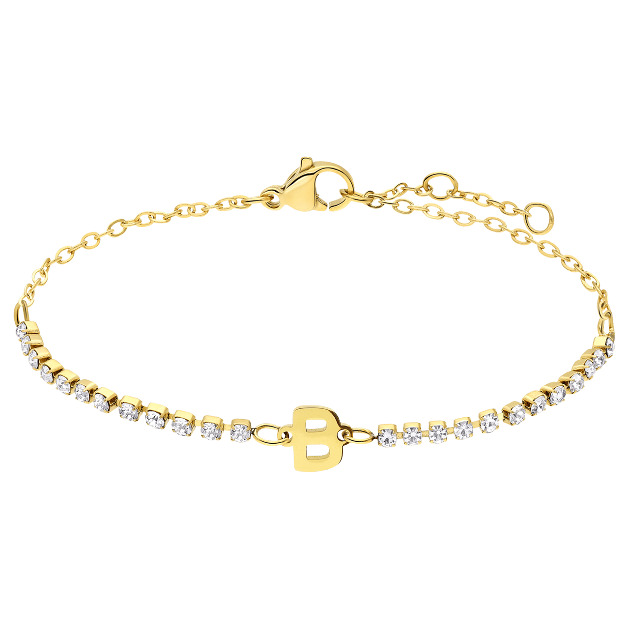 Stalen goldplated tennis armband wit cz letter - B
