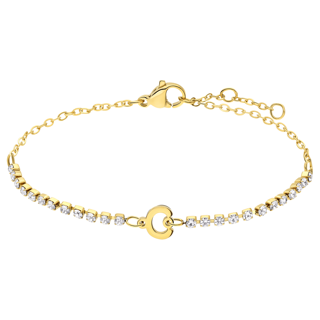Stalen goldplated tennis armband wit cz letter - C