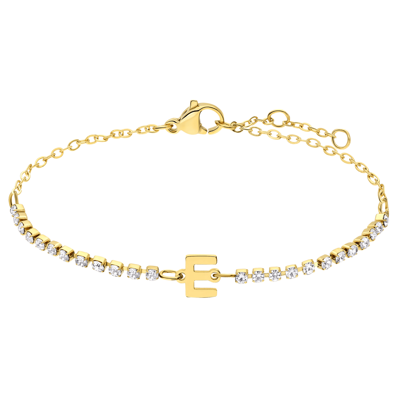 Stalen goldplated fantasiearmband met letterhanger E met zirkonia voor dames