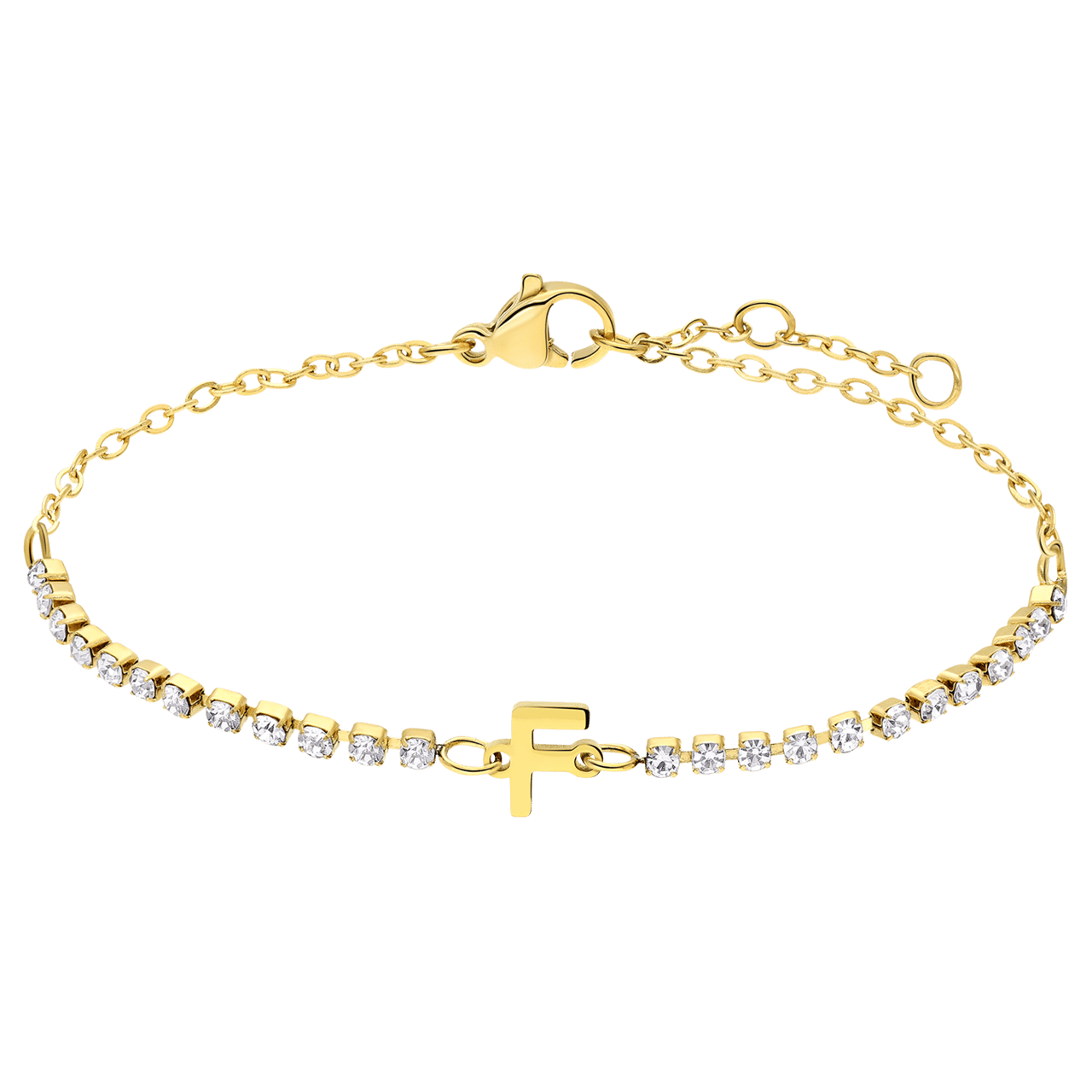 Stalen goldplated tennis armband wit cz letter - F