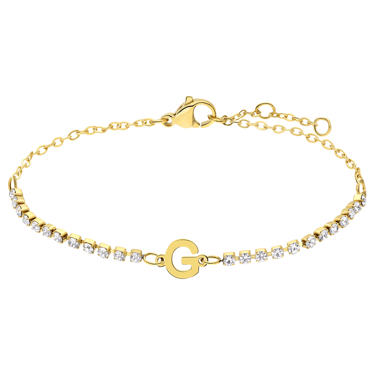 Stainless steel goldplated tennis armband wit cz letter - G